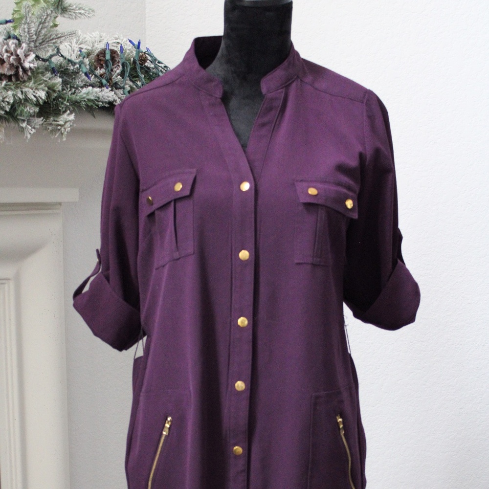 Sharagano 3/4 Sleeve Knee Length Buttoned Purple Work/Casual Dress